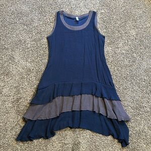 Aria Handmade Josephine Dress Blue And Grey Cotton Tiered Size Small